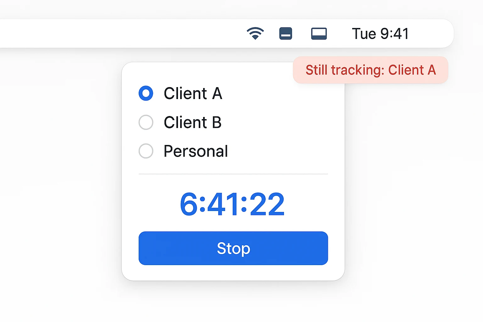A traditional time tracker's manual project switcher still running on Client A hours after the user moved on
