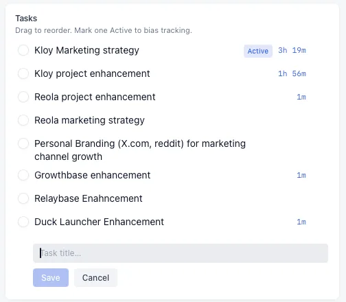 Kloy task list showing today's tasks with one marked Active and tracked time next to each