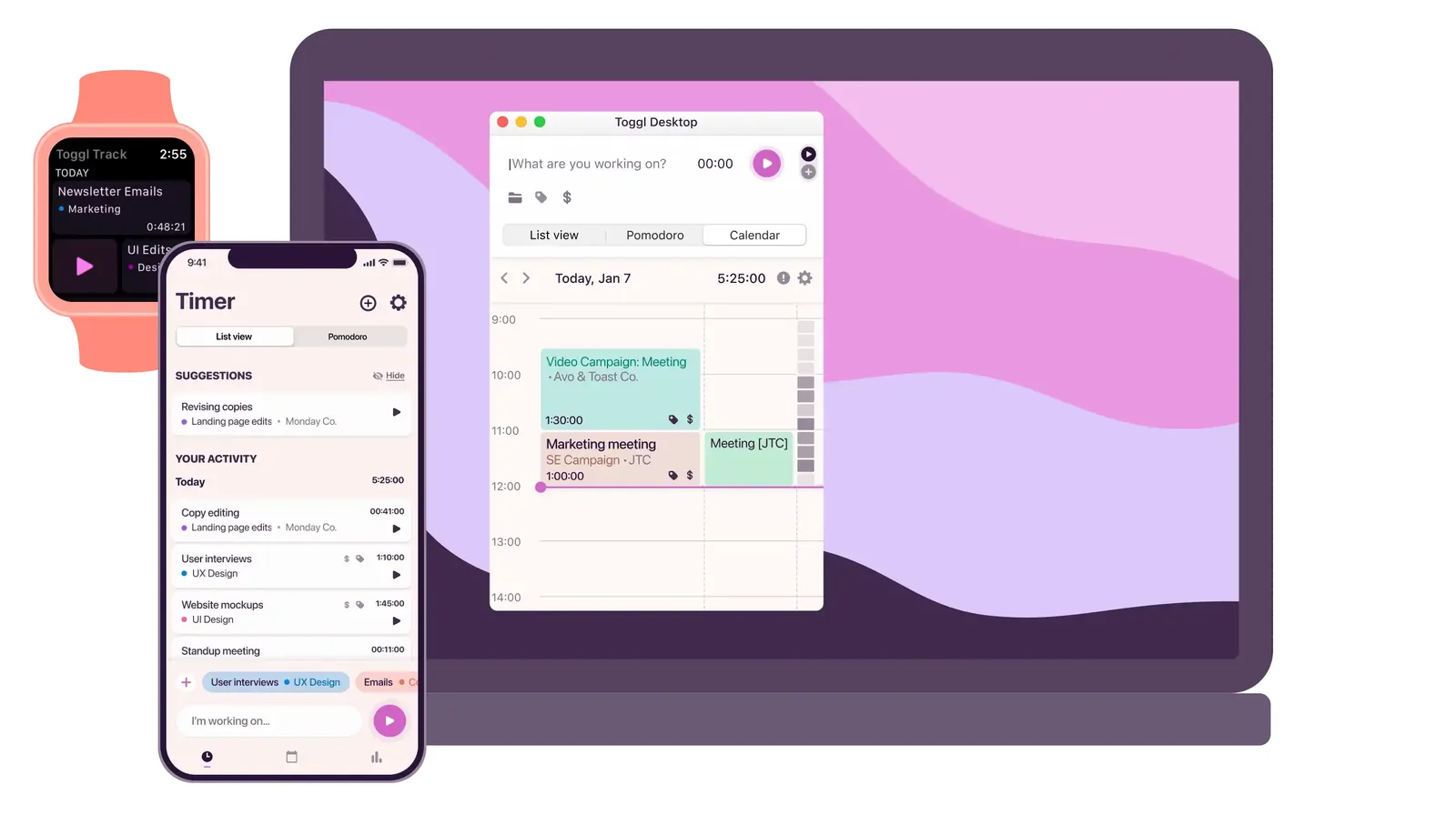 Toggl Track timer apps on desktop, mobile, and watch showing calendar view and manual time entry